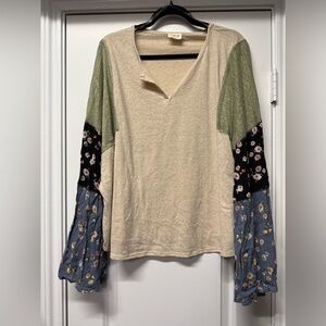 Peach Love California Cream Tunic with Green and Floral Mixed Sleeves